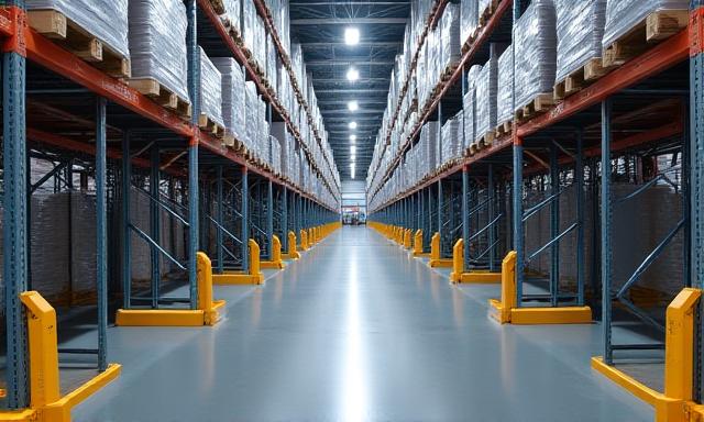Wide shot of high-tech warehouse storage racks and loading bays