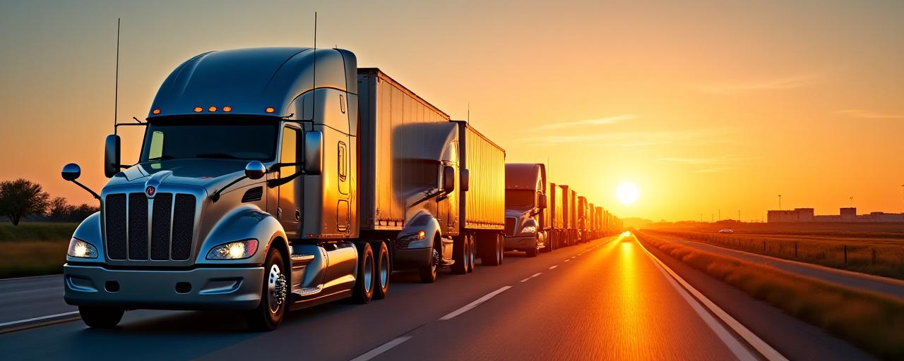 Logistics fleet moving freight at dusk