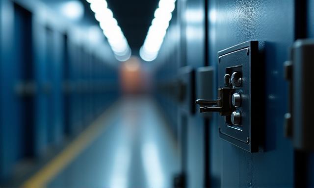 Security-monitored warehouse storage bay with tech integration